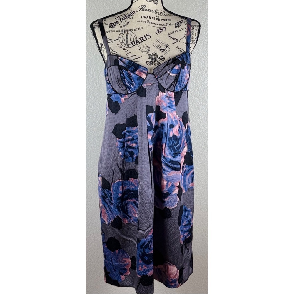 Rebecca Taylor Gray Silk Floral Print Bustier Corset Slip Dress, size 8